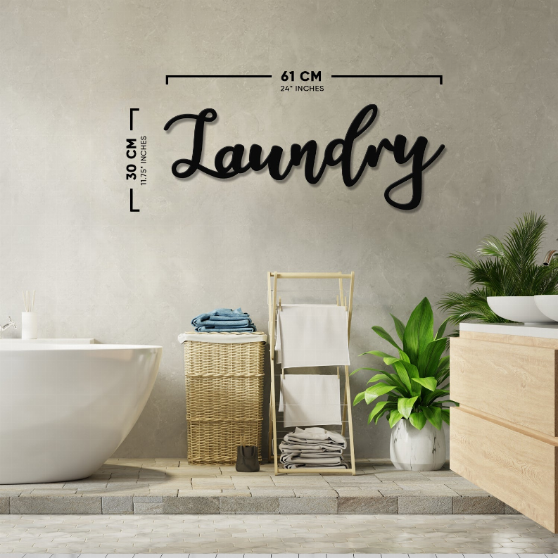 Laundry metal wall art with cursive black 'Laundry' and size lines (61 cm)