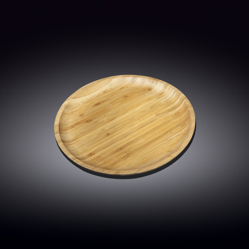 Round wooden serving plate with light bamboo grain finish, 7 in size