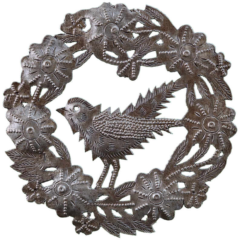 Mini floral bird wreath in recycled steel, round metal cutout design