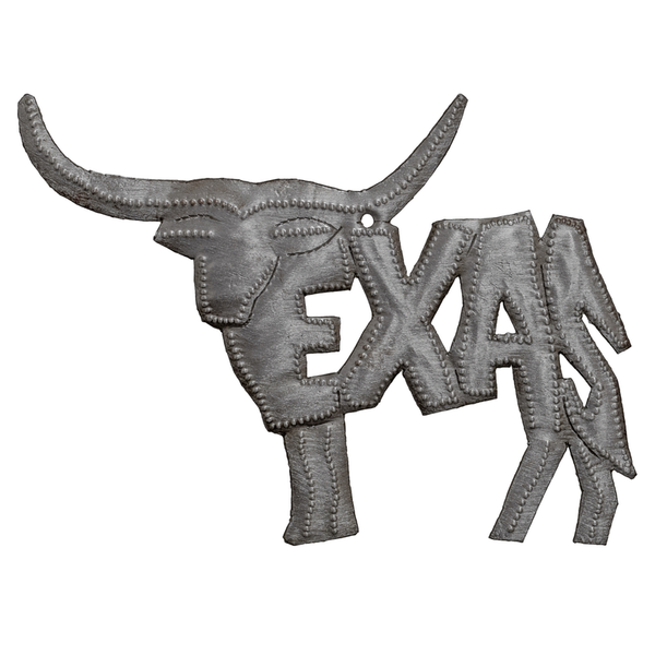 Small Texas longhorn wall decoration, recycled steel fabric with stitched letters FEAR DAN