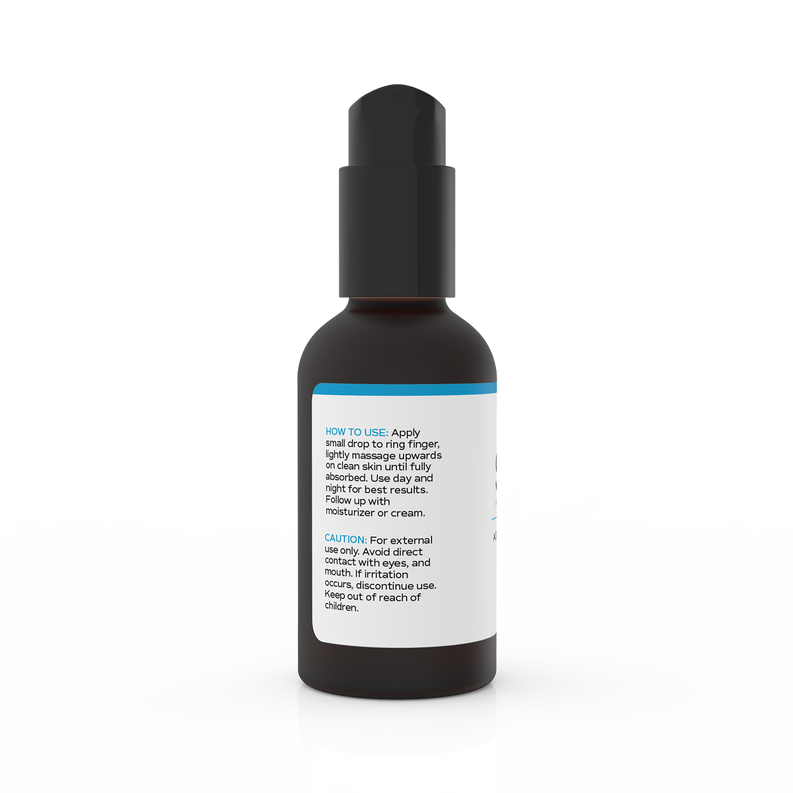 Eye serum bottle with black cap and white back label, blue collar band