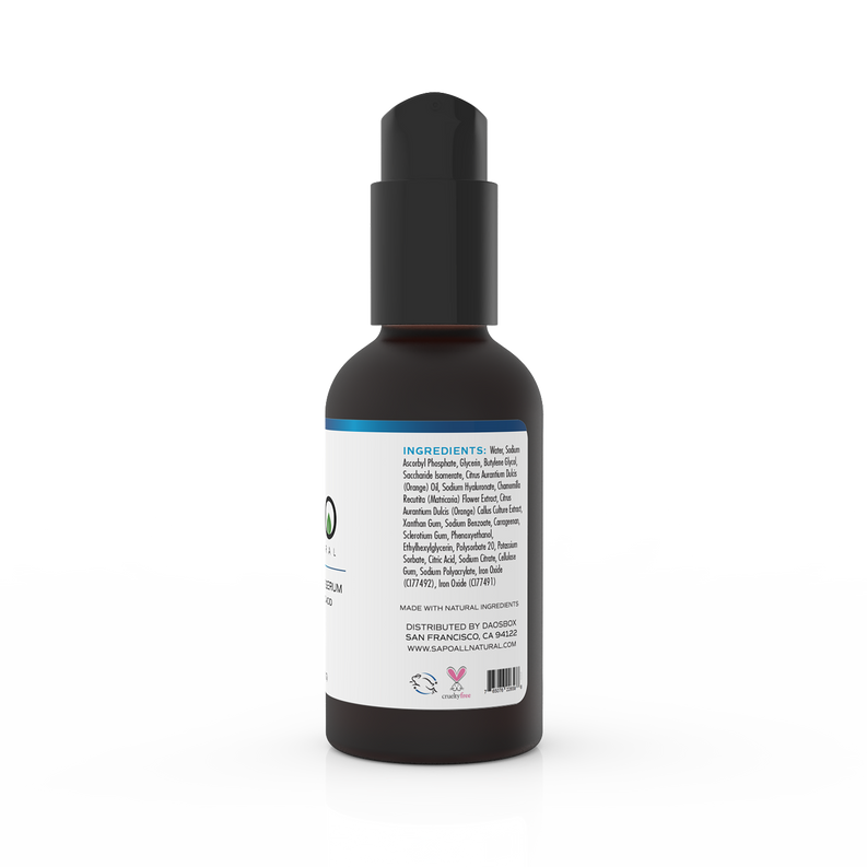 Eye serum bottle with black cap and white ingredients label, blue collar band
