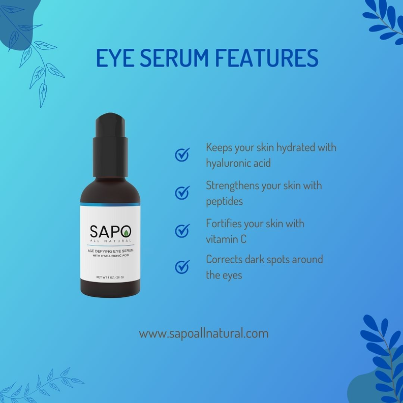Eye serum bottle with black cap and white label, age defying eye serum wording