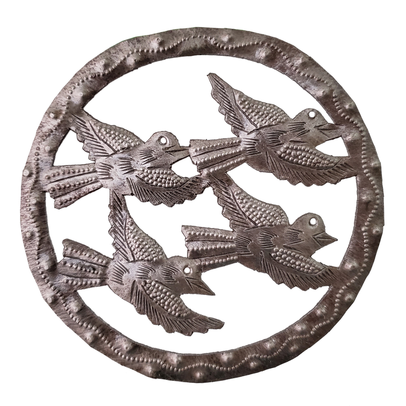 Round recycled steel wall decor with four metal birds in circular border