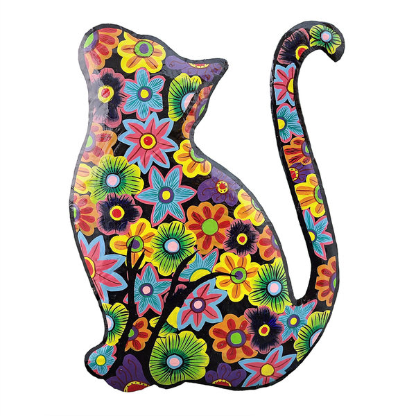 Multi-color painted cat silhouette with bright floral pattern for wall decor