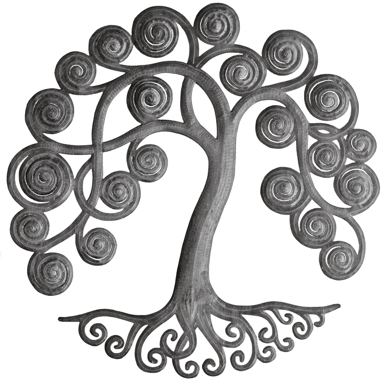 Curly metal tree wall art with spiral leaves and scroll branches, dark gray