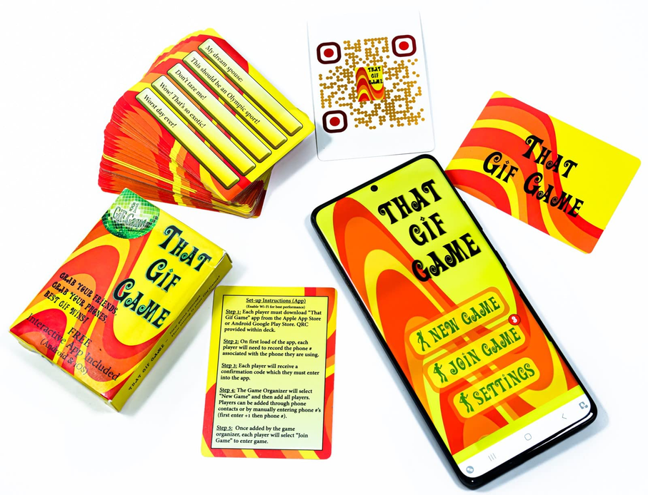 Gif card game set with card deck, QR cards, and smartphone showing app screen