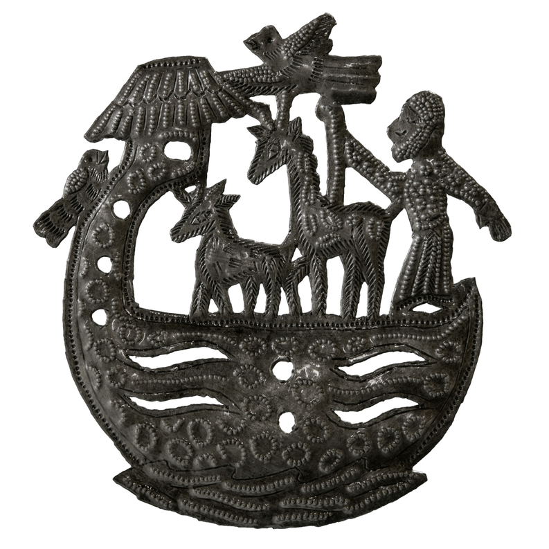 Mini Noah's Ark recycled steel cutout with animals and open arch sides