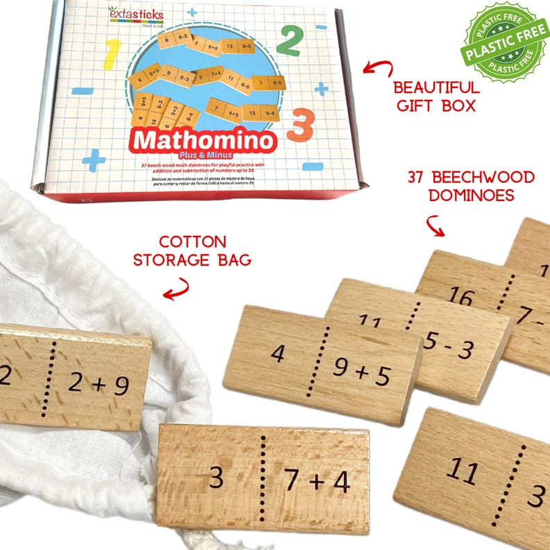 Wooden math domino tiles with Mathomino Plus/Minus gift packaging, plus cotton bag