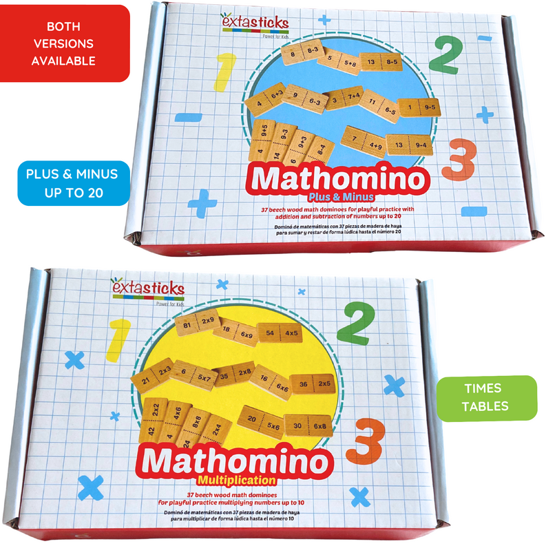 Mathomino Plus & Minus wooden math domino game boxes, both versions shown