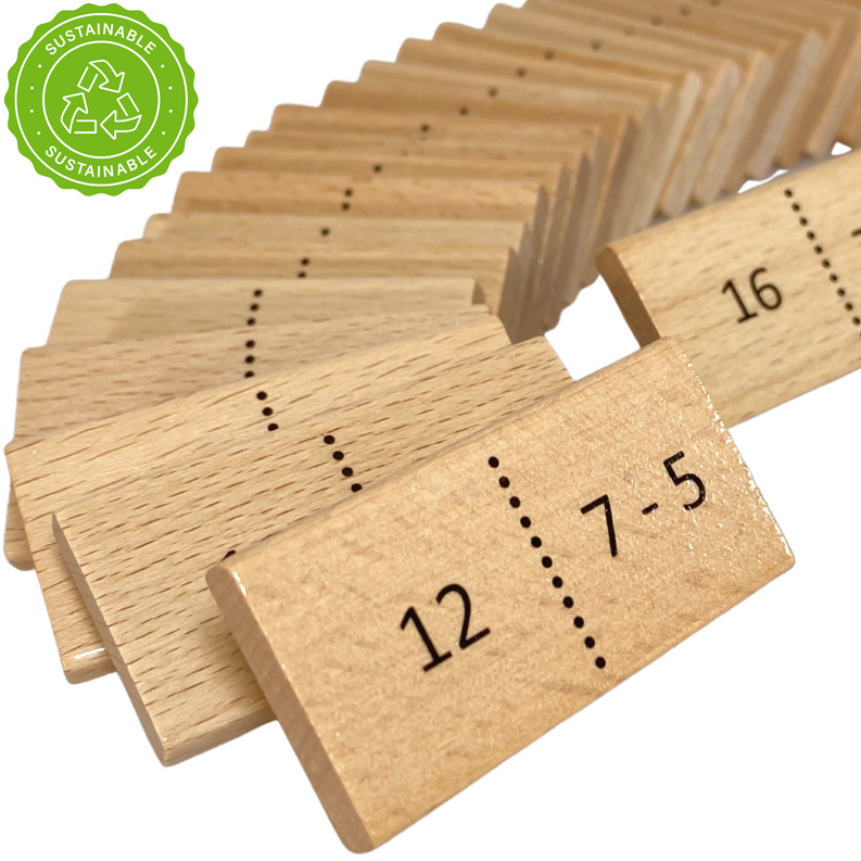Close-up of wooden math domino tiles showing dotted number pairs on each piece