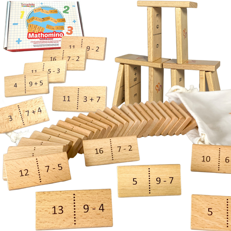 Wooden math dominoes with dotted number splits and a Mathomino Plus/Minus box