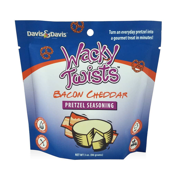 Blue pretzel seasoning pouch with bacon cheddar label and pretzel-twist illustration