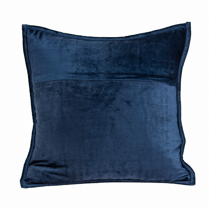Navy blue square throw pillow with quilted center panel and curved seams