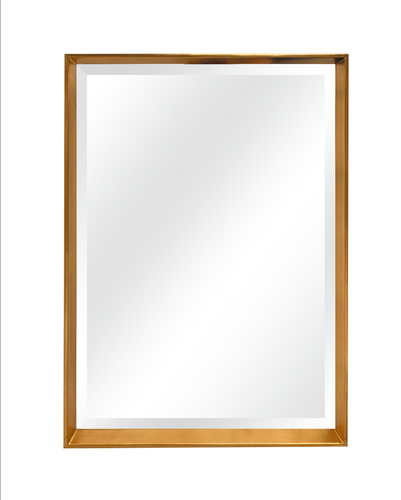 Gold tray-style square wall mirror with smooth reflective center