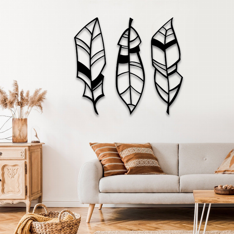 Three-piece metal feather leaf wall art in black and white leaf pattern