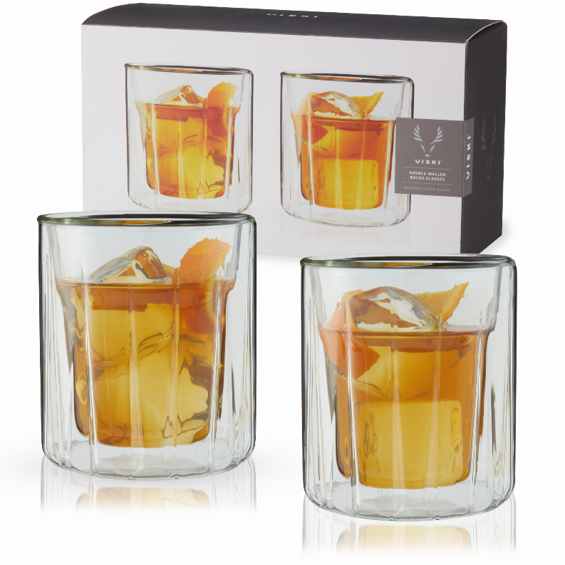 Set of four double-walled rocks glasses, clear tumblers with etched look