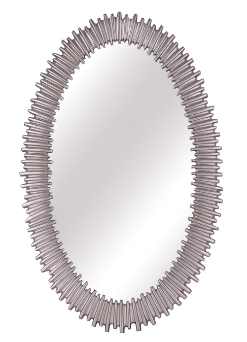Oval decorative wall mirror with silver ribbed frame and mirror-reflective center.