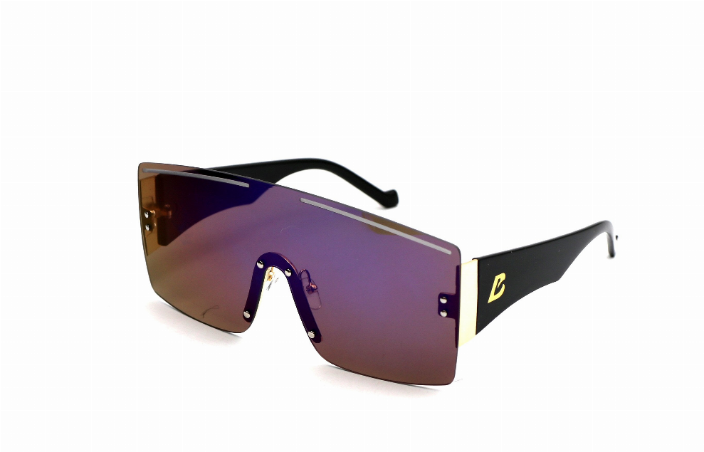 Purple gradient square sunglasses with black frame and gold-tone details