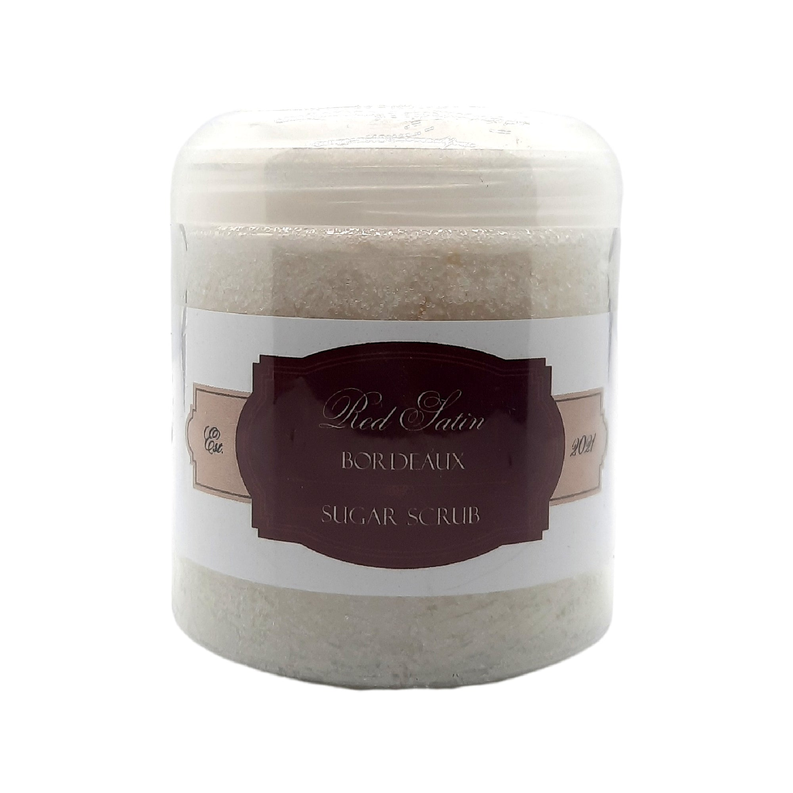 Sugar scrub jar with dark burgundy Red Satin Bordeaux label, white lid and body