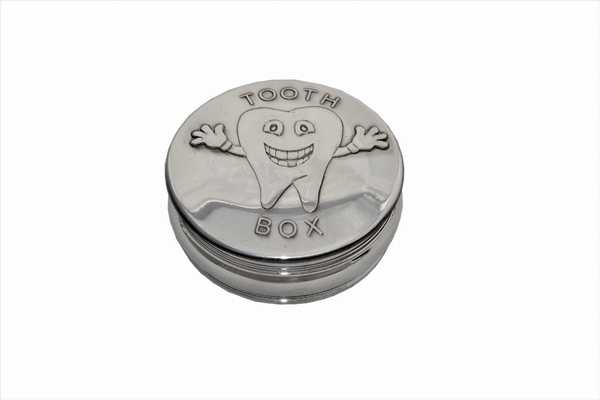 Round pewter tooth box with smiling cartoon tooth engraving on closed lid