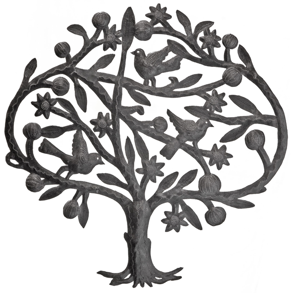 Recycled steel wall art tree sculpture with 3 birds and scrolling leaves, dark metal finish