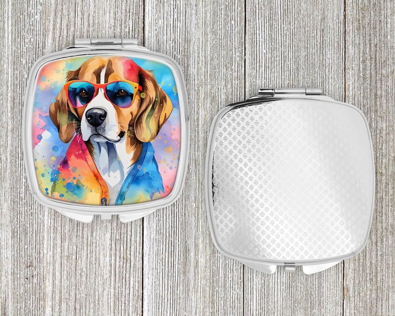 Beagle compact mirror case open, showing illustrated dog front and textured back panel