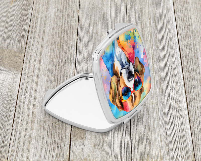 Beagle compact mirror open with illustrated beagle dog art on the hinged front cover