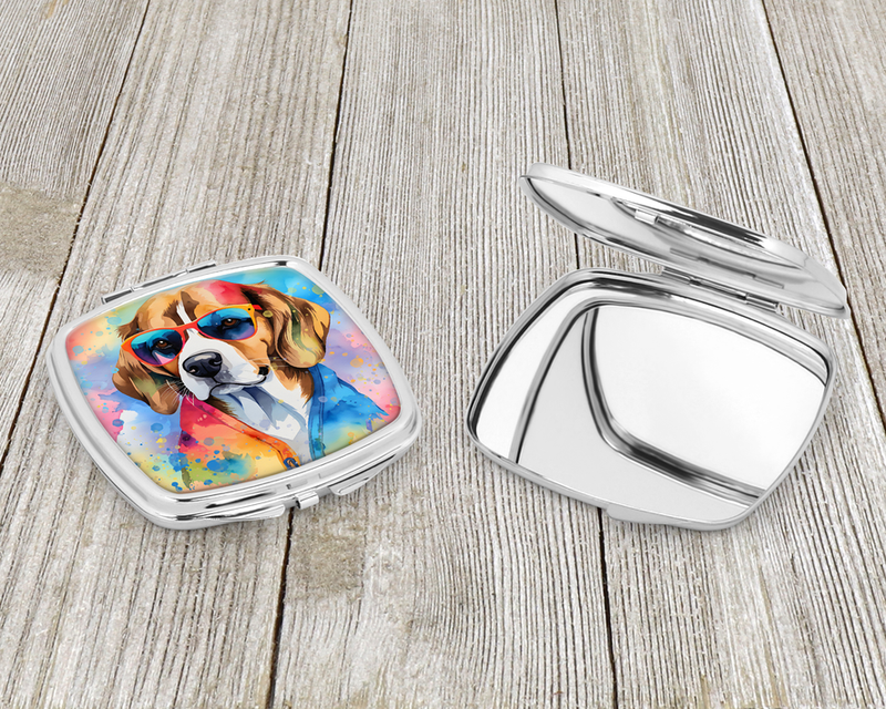 Beagle compact mirror with dog artwork on one side and closed silver case on the other
