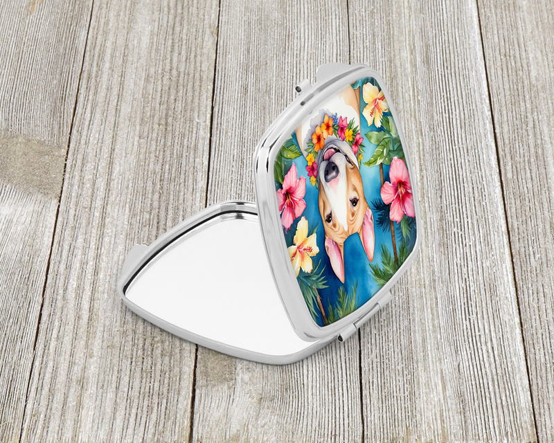 Compact mirror with open lid and colorful luau floral bull terrier photo