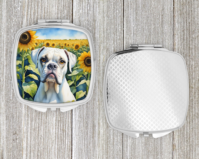Compact mirror with white boxer sunflower artwork on front and textured silver back.