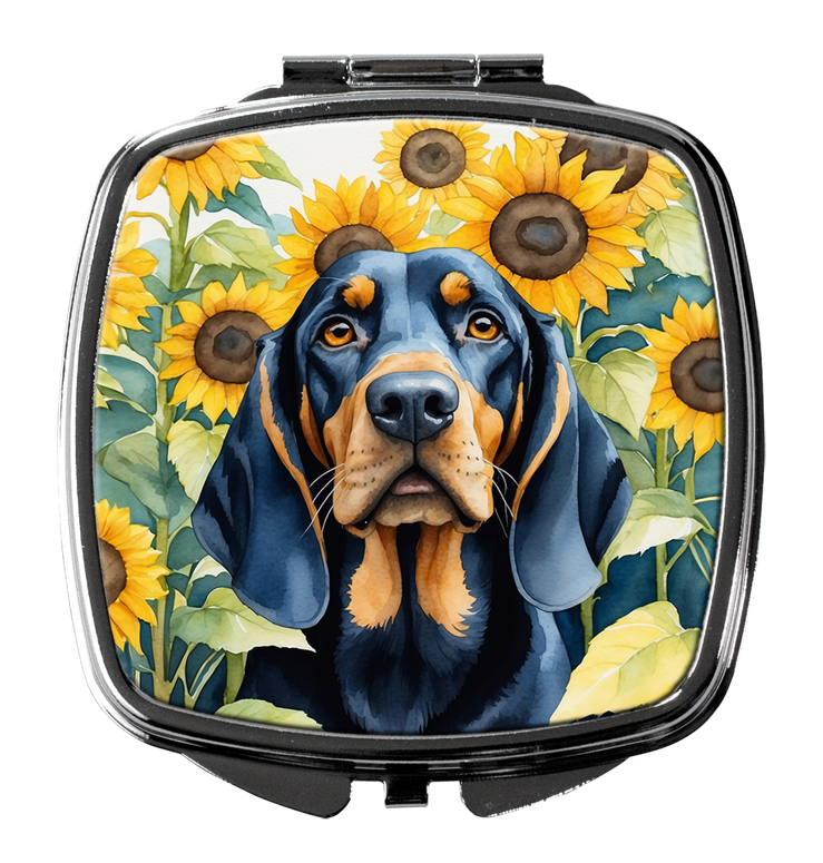Silver compact mirror with black hinge and sunflower dog face artwork on front