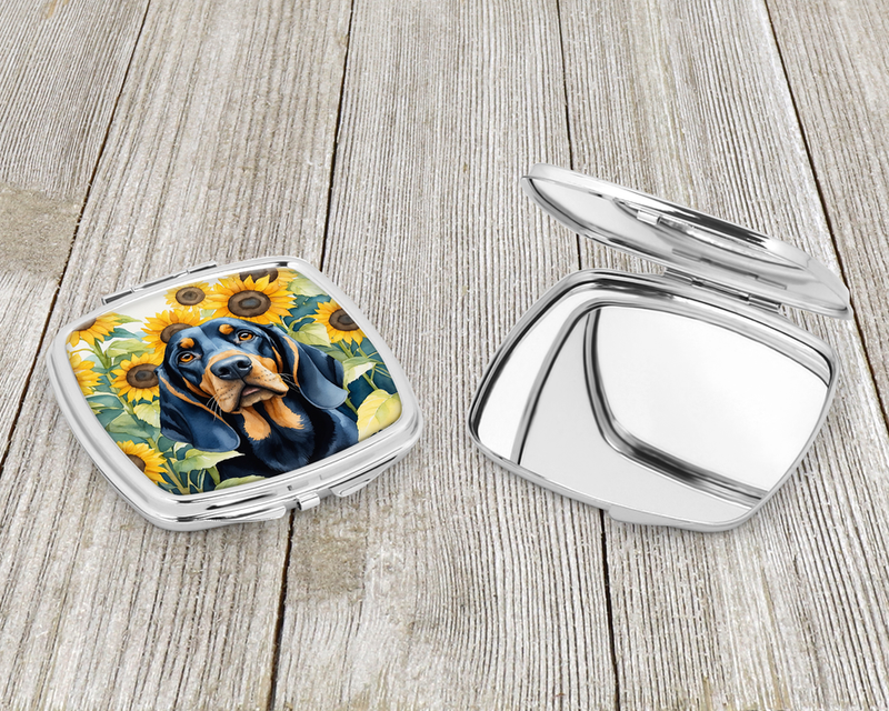Silver compact mirror set: open and closed cases with blue dog sunflower artwork