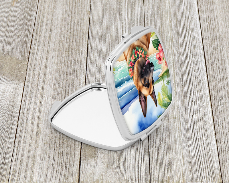 Silver compact mirror open view with Belgian Malinois scene illustration inside