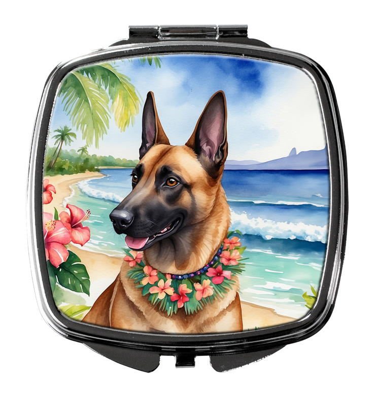 Closed silver compact mirror featuring Belgian Malinois in tropical beach flowers