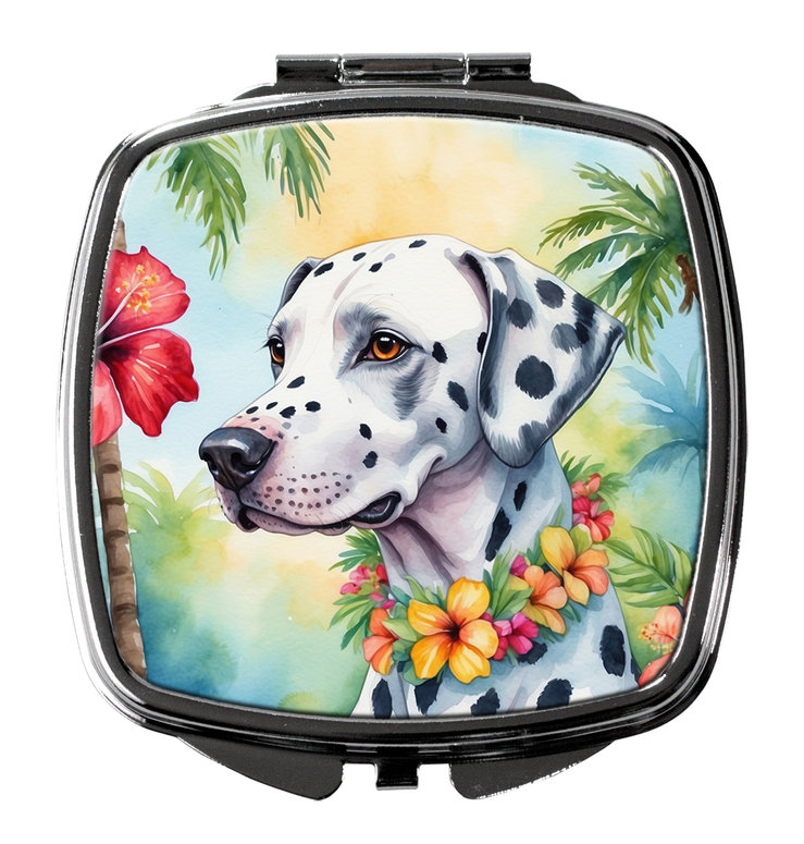 Square compact mirror with dalmatian head portrait and colorful flowers in tropical foliage