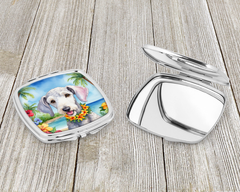 Silver compact mirror opened, showing colorful terrier garden illustration on the lid.