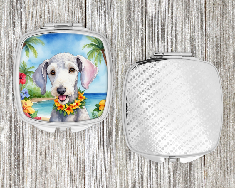 Compact mirror set: terrier floral lid on left, textured light-gray back on right.