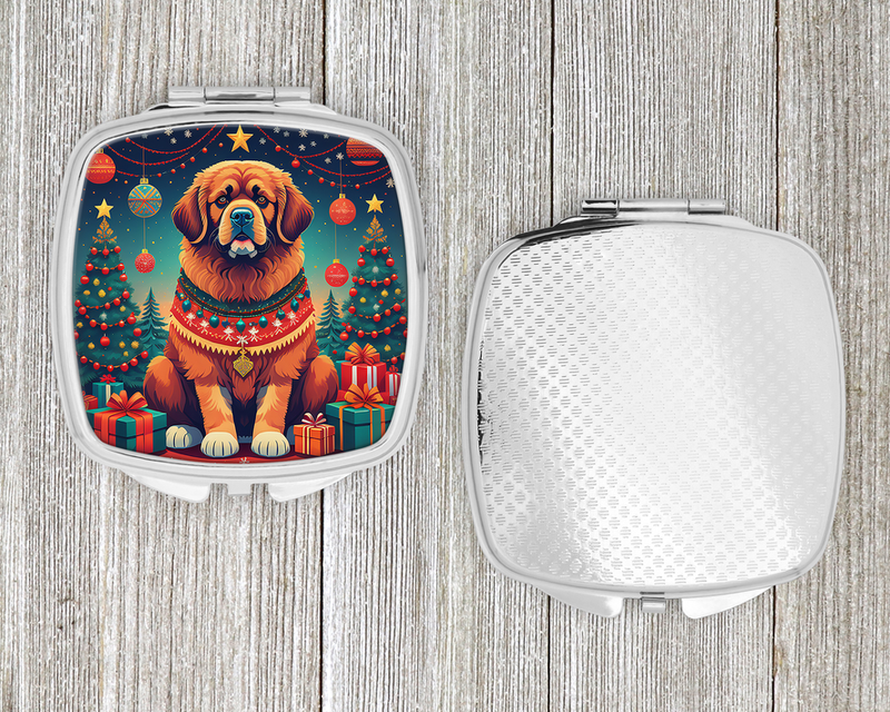 Silver compact mirror set, closed textured back and open lid with holiday dog image