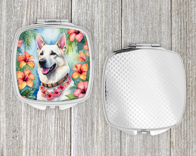 Compact mirror set with colorful dog side and textured light-gray back