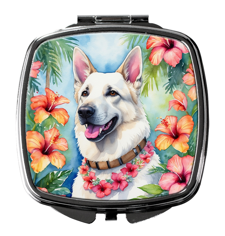 Compact mirror front with white dog in tropical flowers and pink garland