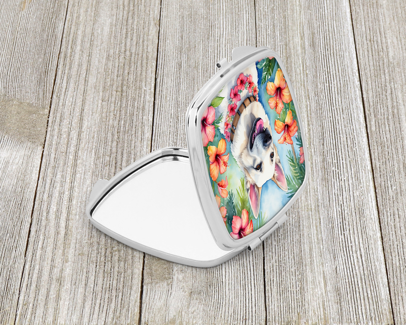 White compact mirror open with white dog portrait and pink floral artwork