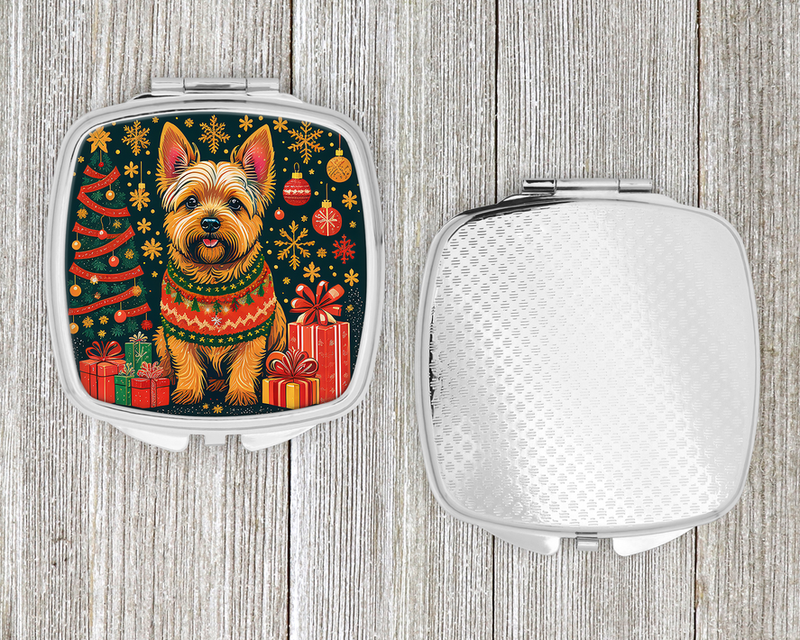 Silver compact mirror set with front lid showing decorated terrier dog design