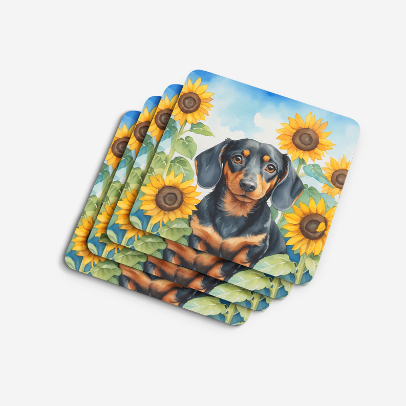 Pair of rectangular pot holders with collie portrait and yellow sunflowers on blue sky