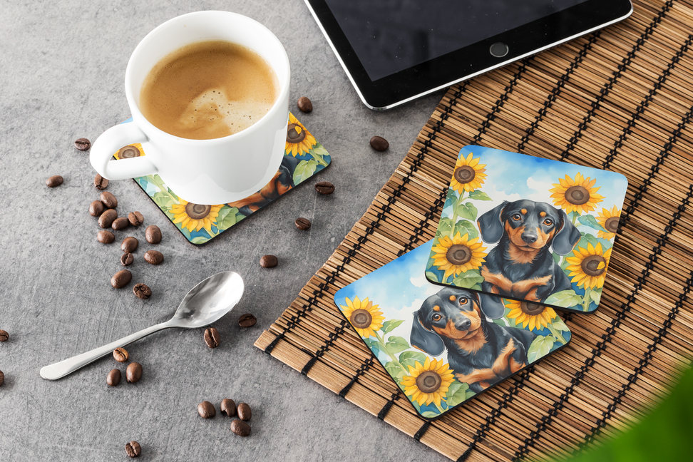 Collie-and-sunflower pot holders on a board with coffee cups and scattered beans
