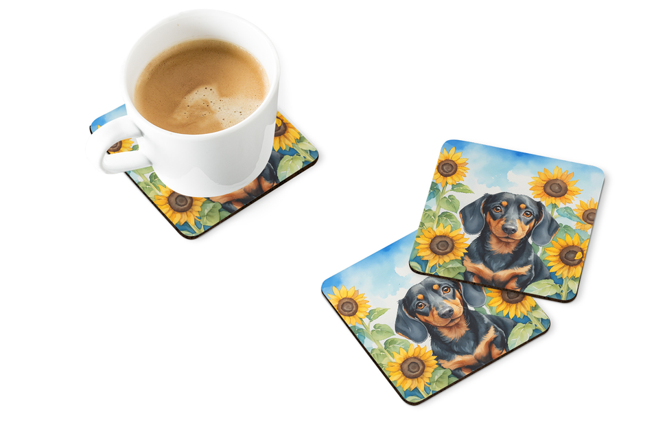 Pair of pot holders under cups, featuring collie portrait with sunflower design