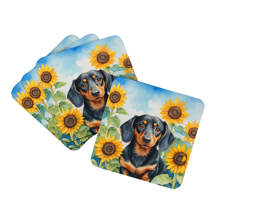 Two rectangular pot holders stacked with collie portrait and sunflower pattern