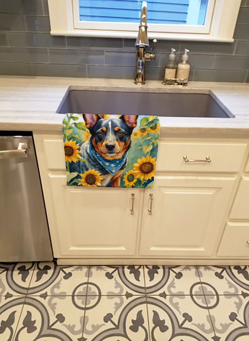 Colorful dog-themed kitchen towel featuring sunflowers, cotton material, vibrant print, perfect for pet lovers.