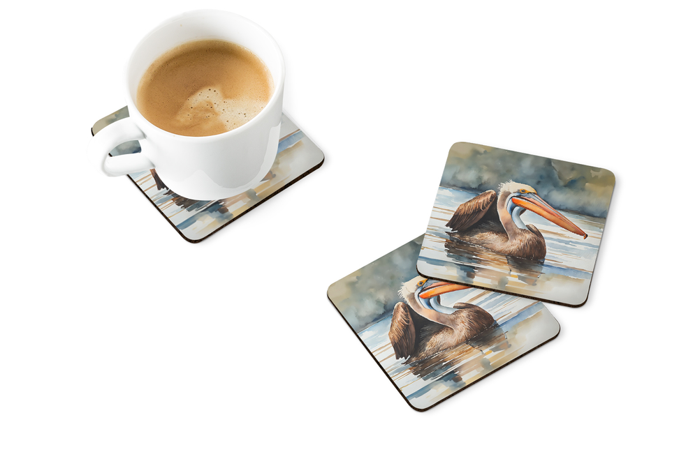 Brown pelican coasters, set of 4, featuring glossy finish, vibrant artwork, perfect for coffee cups or drinks.