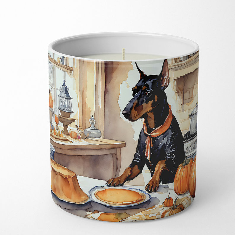 Decorative soy candle in clear jar with German shepherd, pumpkin and fall scene illustration